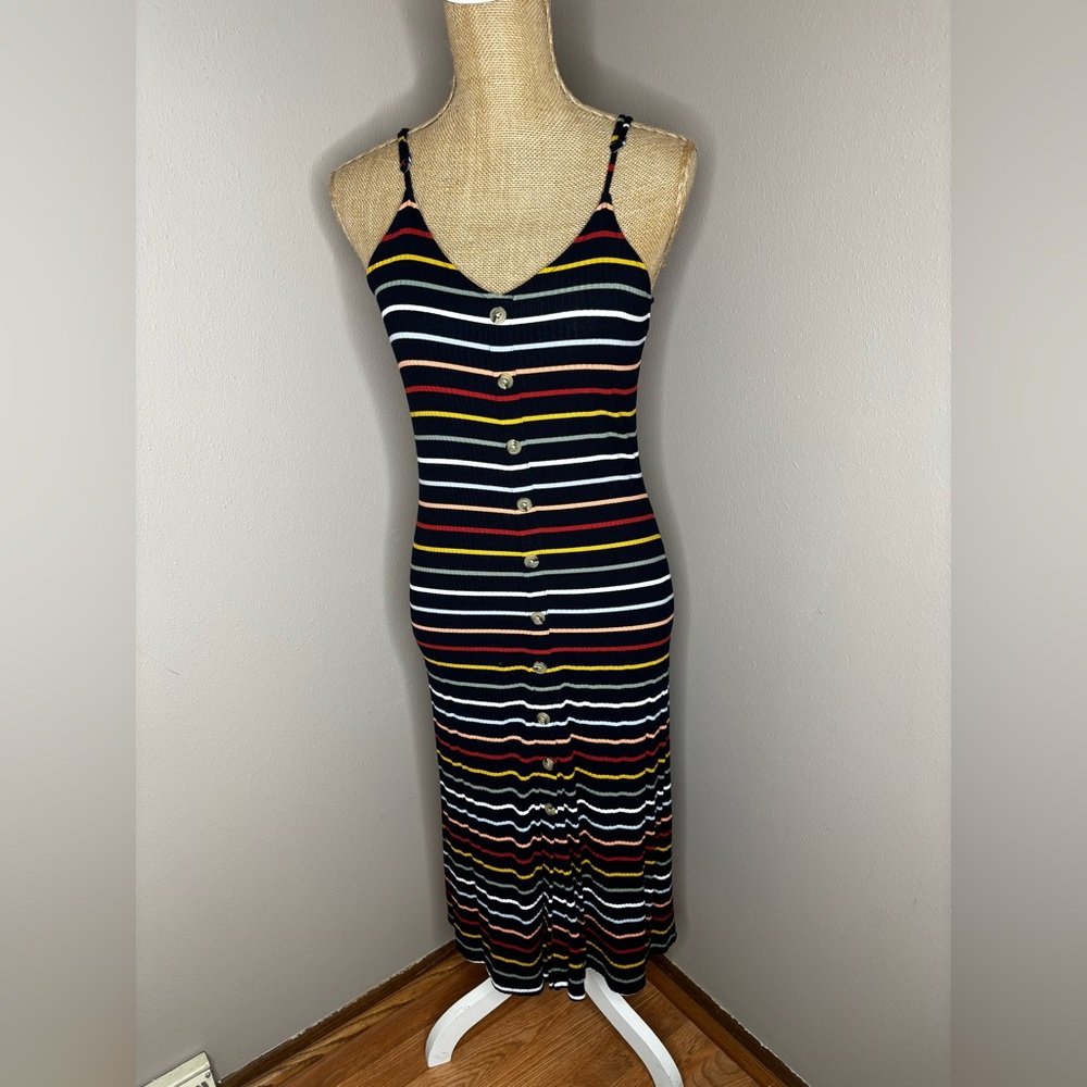 Loft navy striped Summer Tank Stretchy Soft button maxi dress Size XS Petite